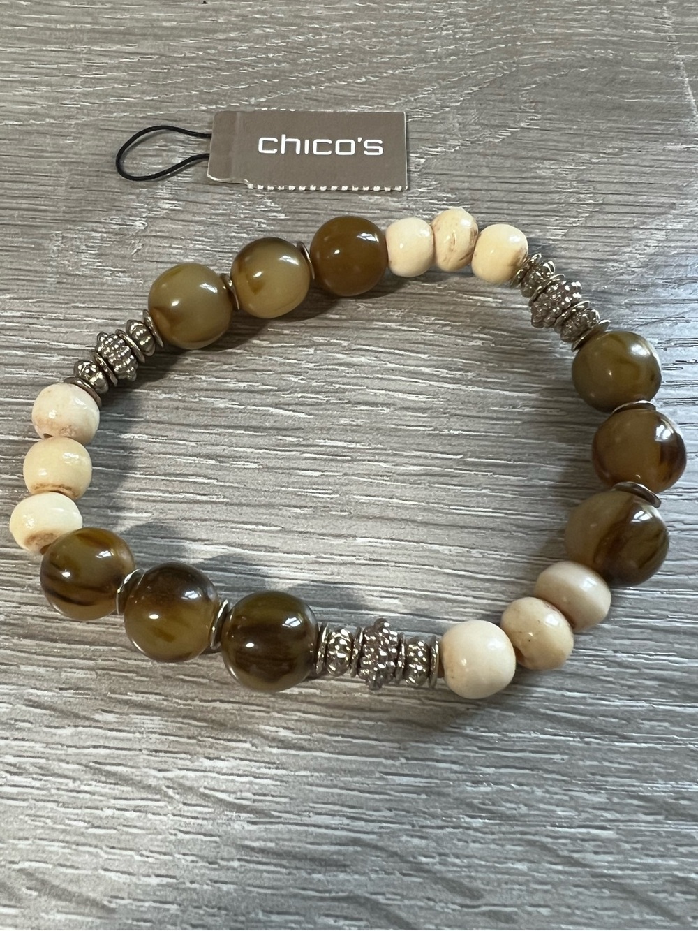 Chico's Olive and Cream Bead Stretch Bracelet with Silver Accents